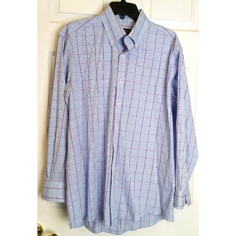 CLUB ROOM Shirt Mens Sz 16 32/33 L/S Blue Plaid Regular Fit Button EasyCare C28